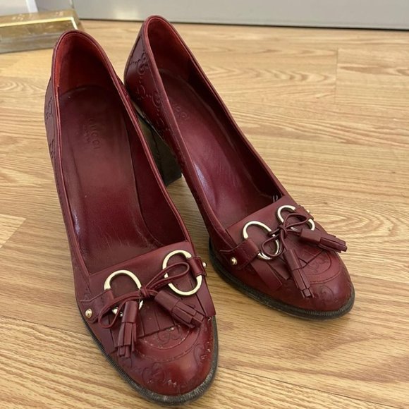 Gucci Burgundy Leather GG Monogram Tassels Heels EU 40 C - Picture 1 of 5